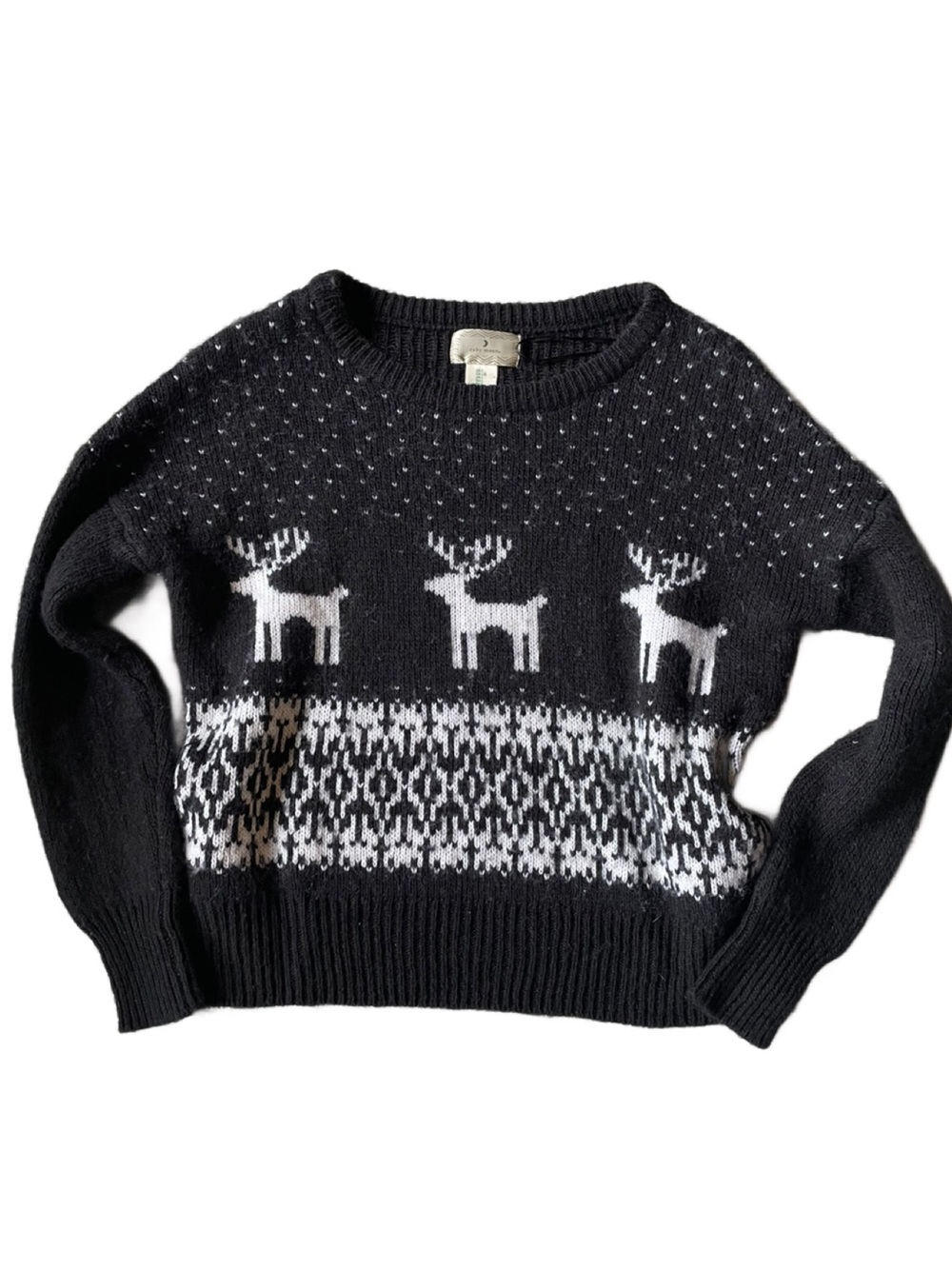 Ruby Moon Cozy Black & White Reindeer Knit Christmas Sweater - Women's - Large